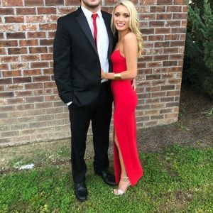 Red strapless formal dress.